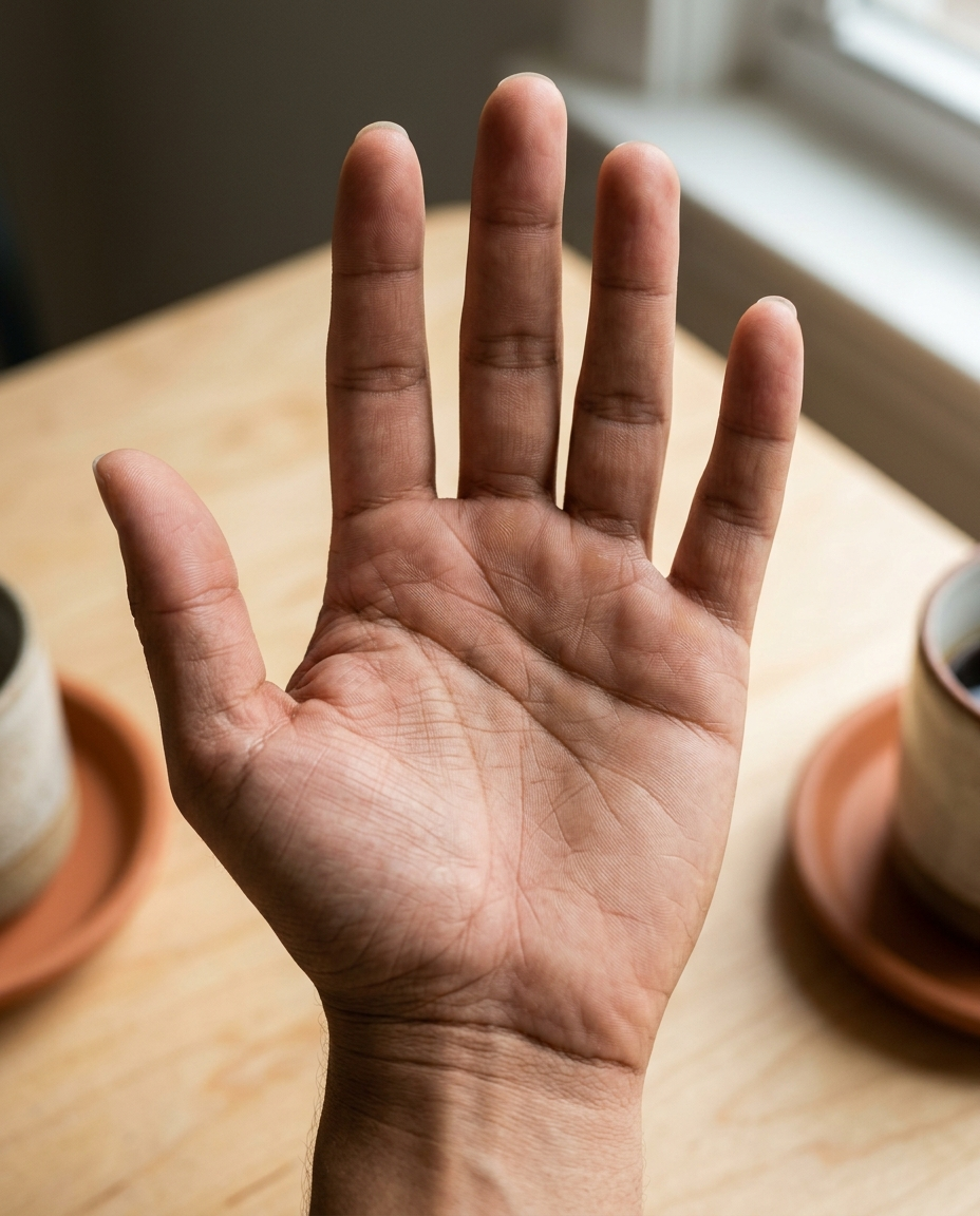 Open hand held in bright window light ready for a palm reading