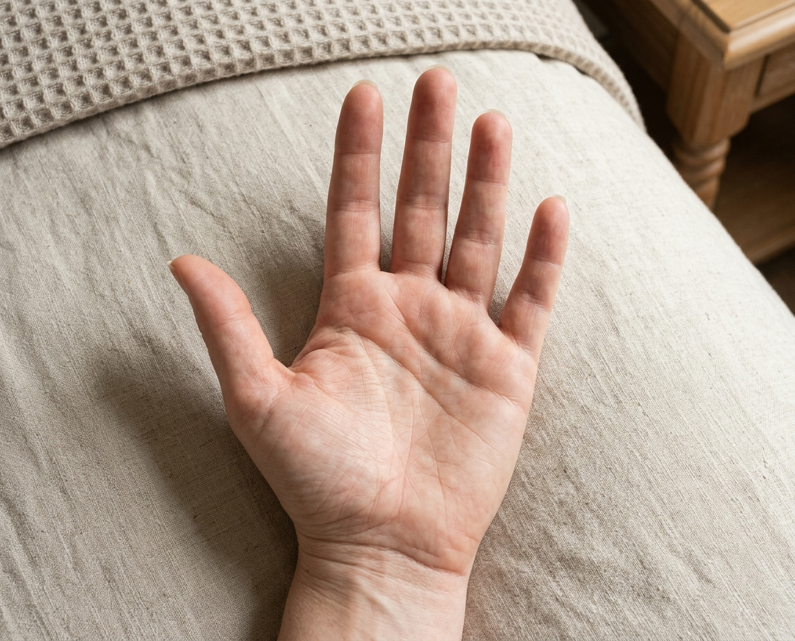 Open palm resting on bed linen with all four creases visible, the life line curving around the thumb