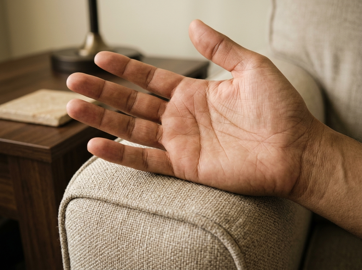 Forked heart line on a palm, the kind of detail read differently for the dominant vs non-dominant hand