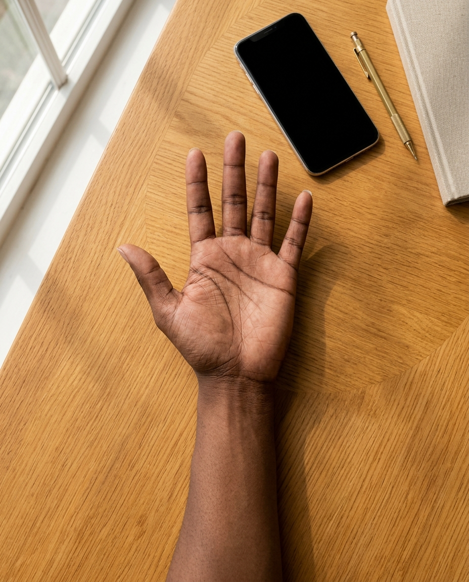 Spread hand resting on a desk beside a phone, set up for the palm photo upload