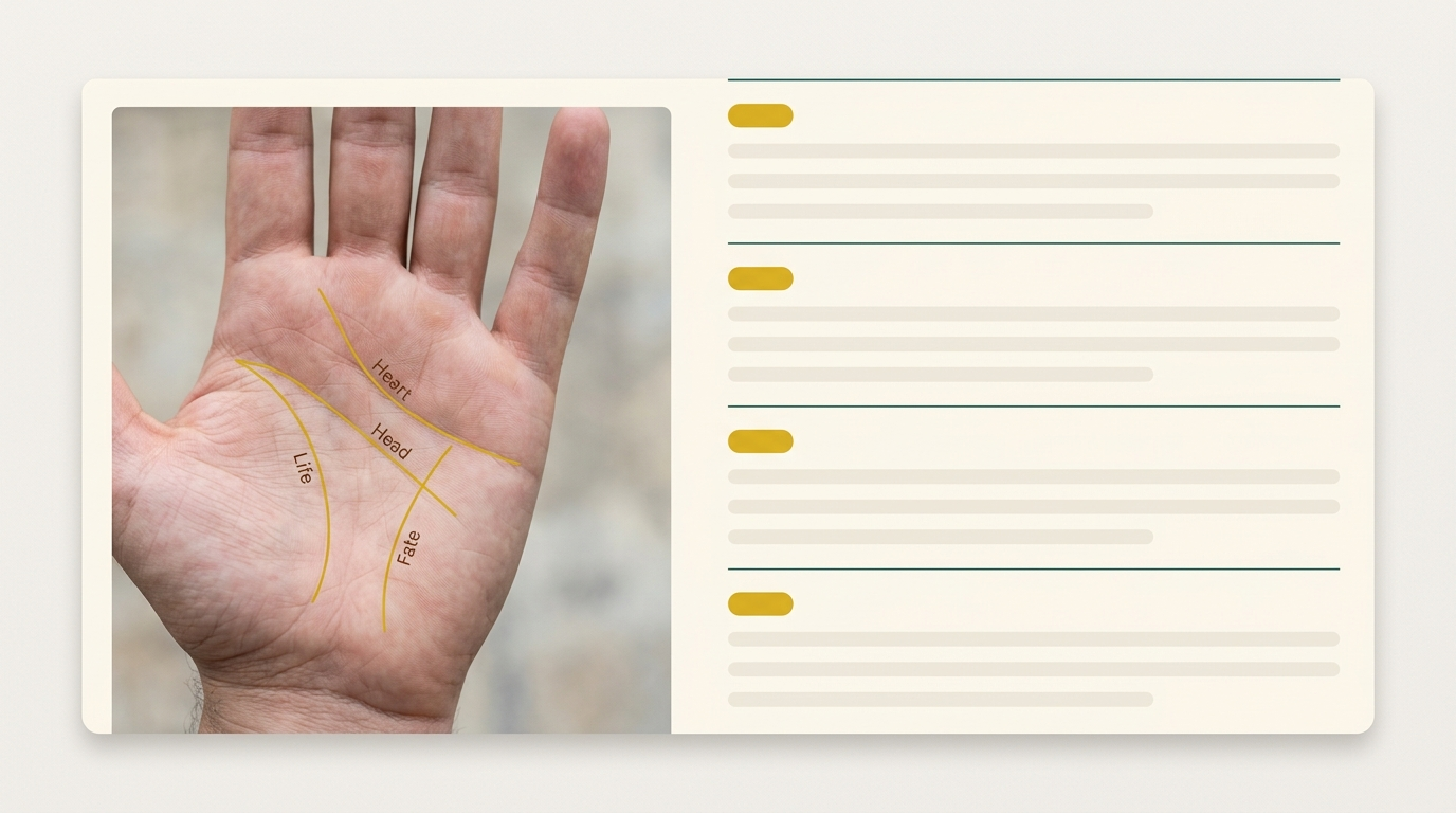 Sample reading card with the four traced lines labeled Life, Heart, Head and Fate: AI palm analysis requires a single palm photo upload and returns one entry per line
